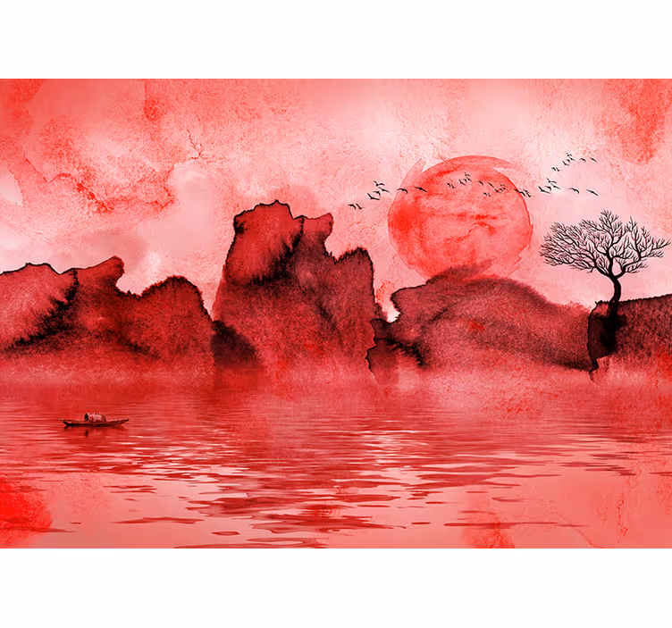 Store enrouleur rouge paysage à l'encre chinoise - TenStickers