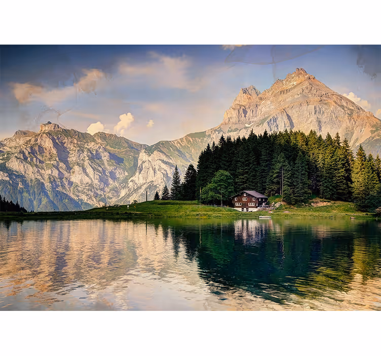 Store enrouleur salon maison au bord du lac montagnes - TenStickers
