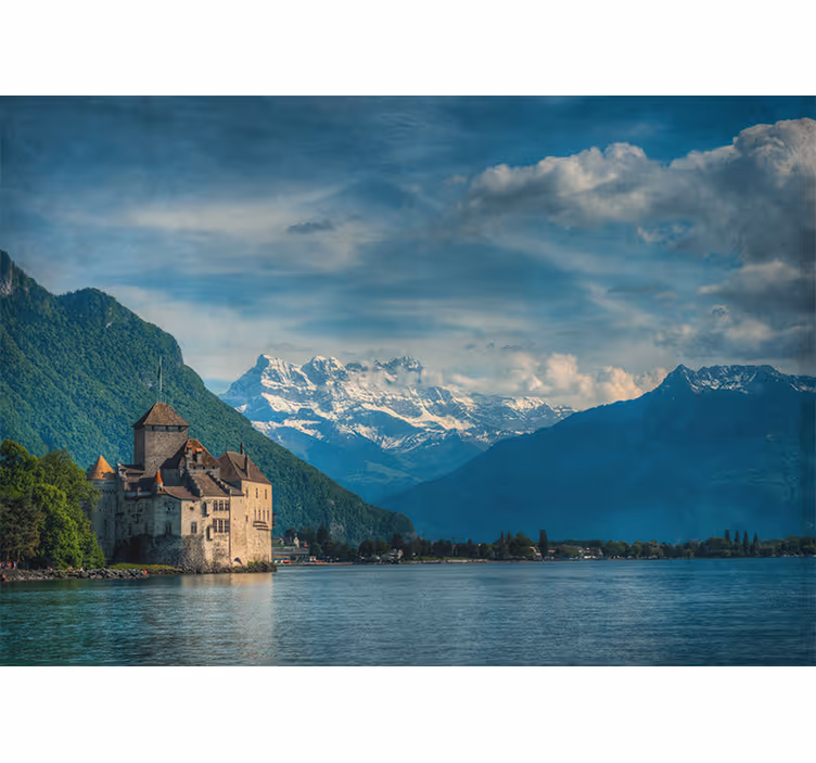 Store enrouleur salon château au lac et montagnes - TenStickers