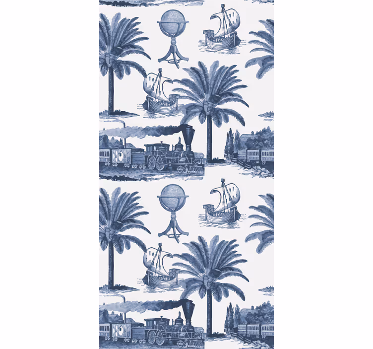 Store enrouleur vintage palmiers et trains bleus - TenStickers