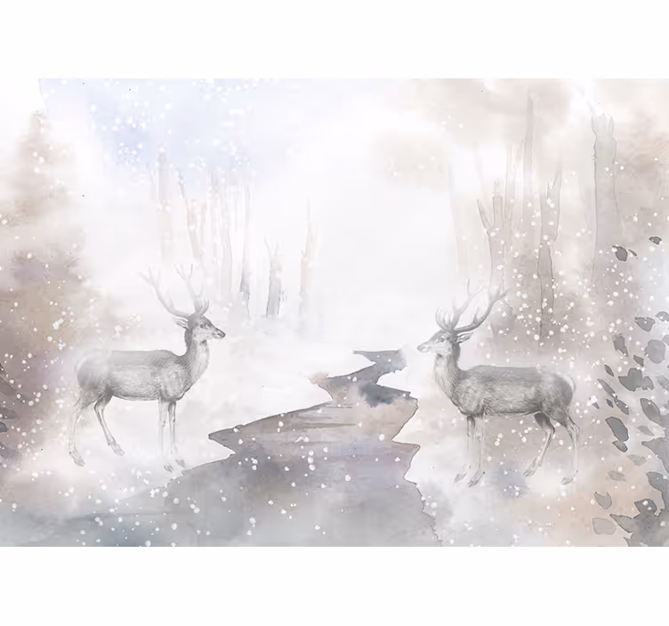 Store enrouleur blanc forêt artistique avec élans blancs - TenStickers