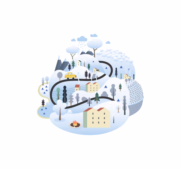 Store enrouleur chambre enfant village gris avec montagnes - TenStickers