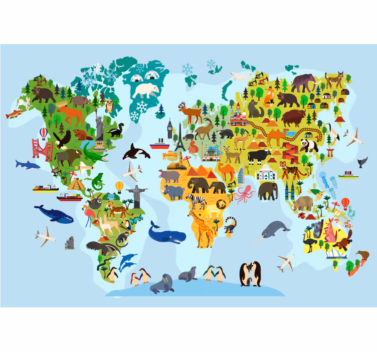 Store enrouleur carte du monde enfants monuments animaux - TenStickers