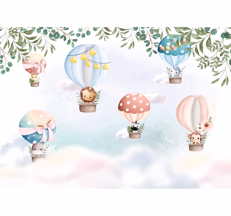 Tapisserie pour chambre bébé animaux en montgolfière - TenStickers