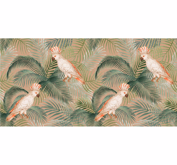 Tapisserie jungle perruches blanches sur palmiers beiges - TenStickers