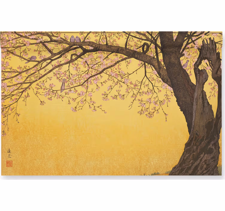 Tapisserie salle de bain arbre japonais sur fond jaune - TenStickers