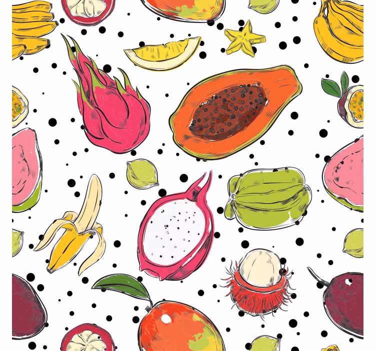 Tapisserie cuisine croquis de fruits exotiques colorés - TenStickers