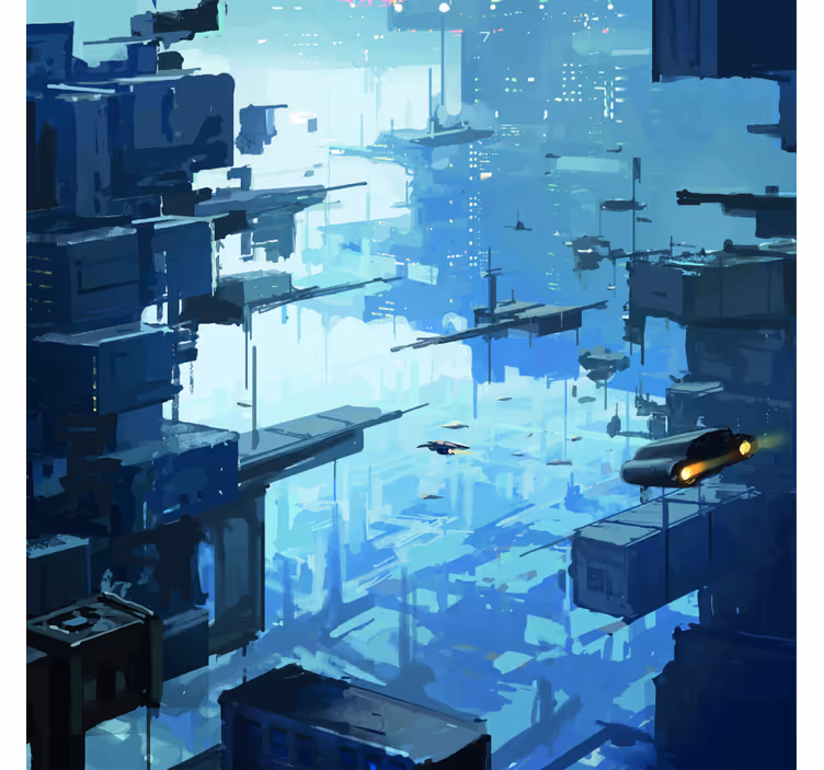 Tapisserie bleu ville futuriste avec vaisseaux spatiaux - TenStickers