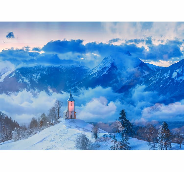 Tapisserie bleu montagne enneigée et brouillard - TenStickers