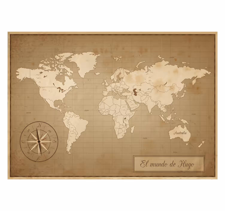 Tapisserie marron carte du monde vintage avec nom - TenStickers