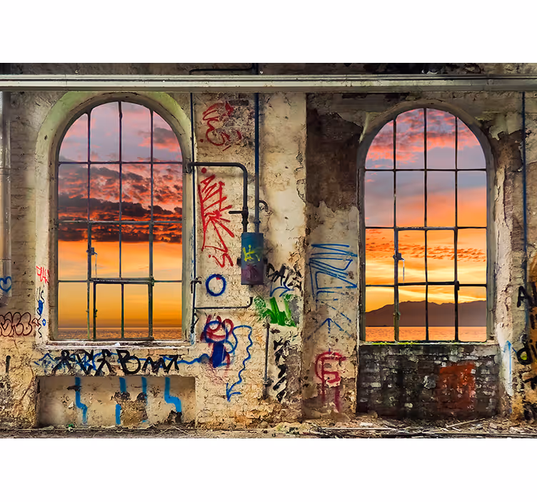 Papier peint 3D vue urbaine sur le coucher de soleil - TenStickers