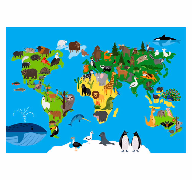 Tapisserie carte du monde animaux de style enfants - TenStickers
