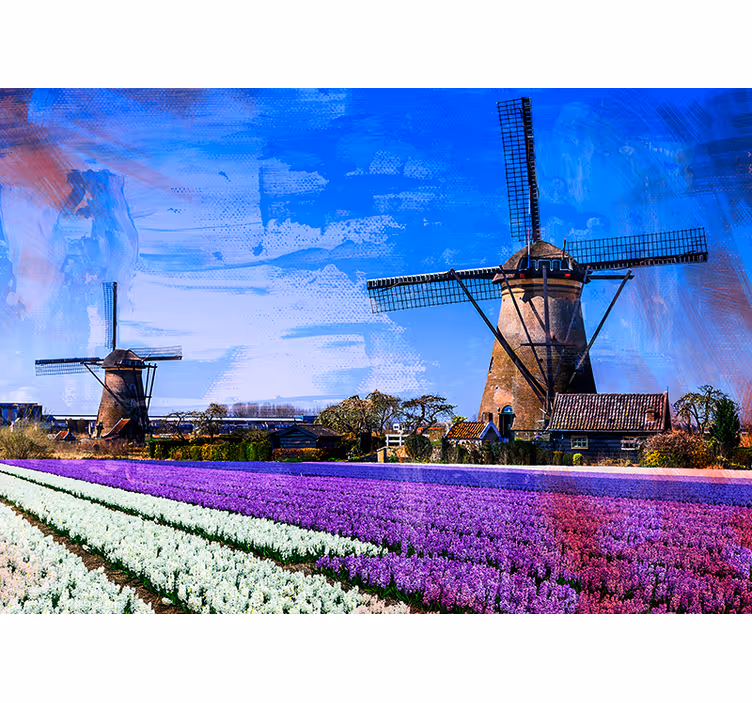 Tapisserie villes et pays champs de tulipes et moulins - TenStickers