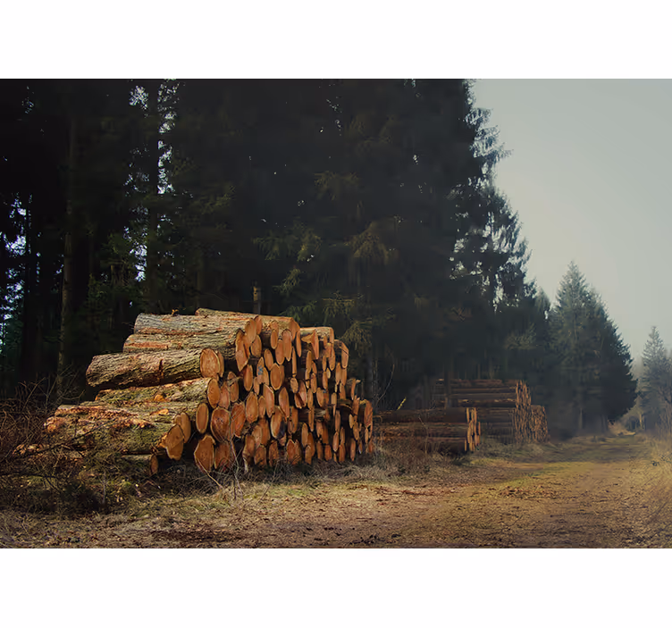 Tapisserie forêt bûches empilées dans la forêt - TenStickers
