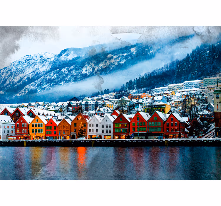 Tapisserie villes et pays cabines colorées au bord du lac - TenStickers
