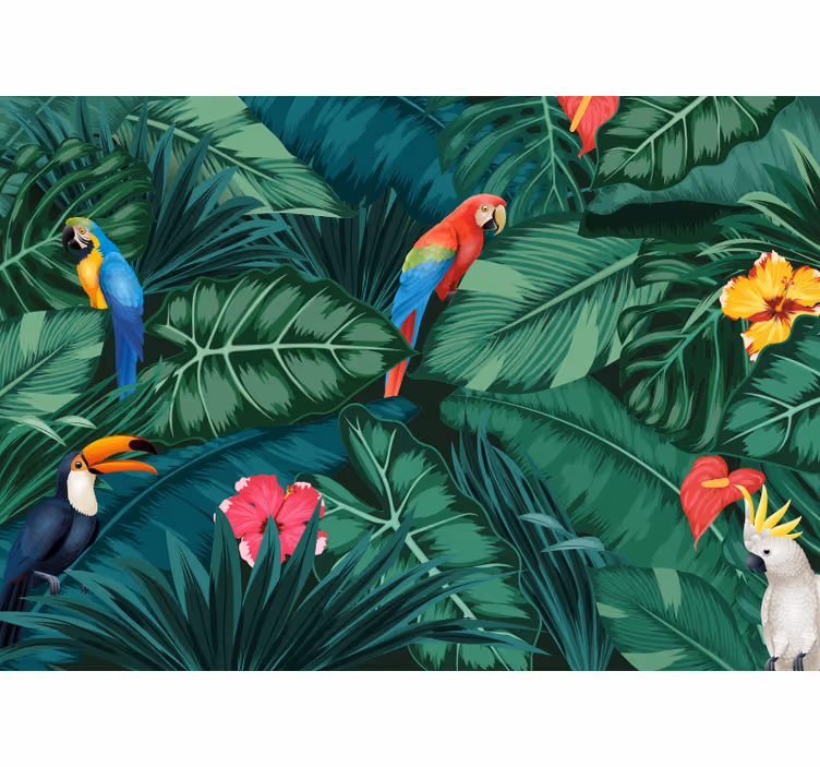 Tapisserie salle à manger oiseaux et fleurs tropicales - TenStickers