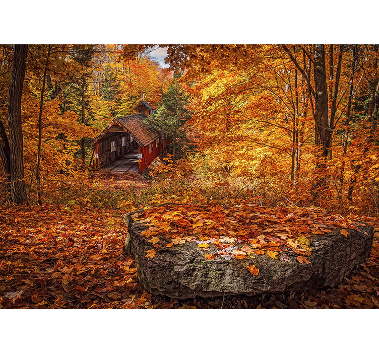Tapisserie paysage pont couvert en automne - TenStickers