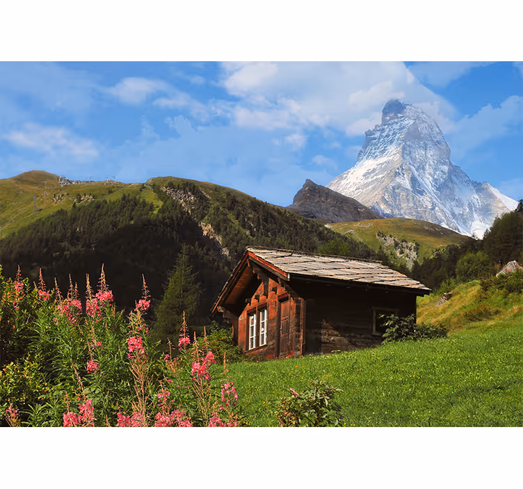 Tapisserie paysage vue sur le chalet en montagne - TenStickers