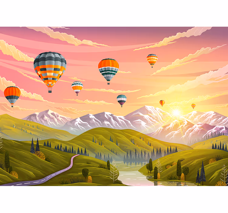 Tapisserie paysage montgolfières colorées - TenStickers
