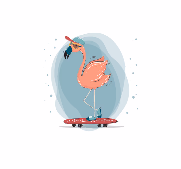 Tapisserie animaux flamants roses en skate amusants - TenStickers