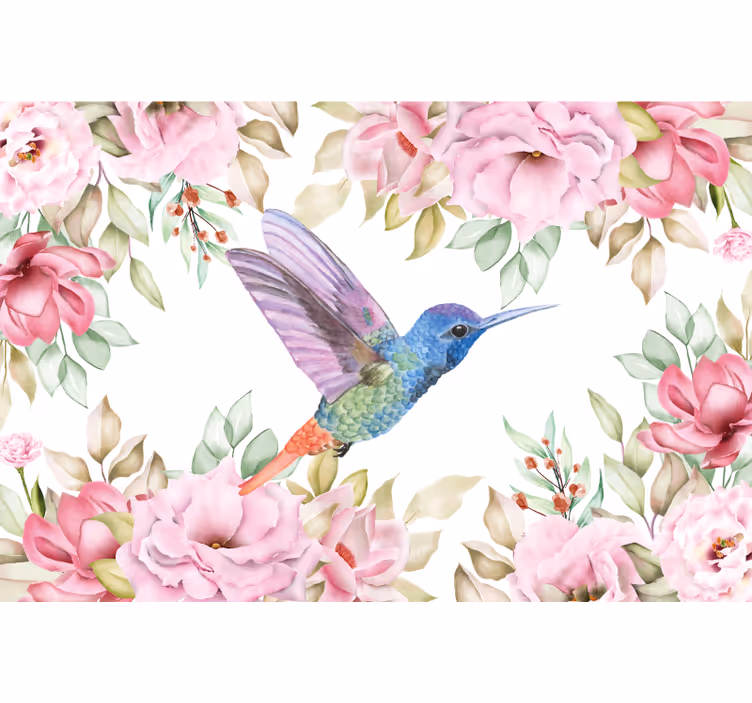 Tapisserie fleur colibri parmi les fleurs - TenStickers