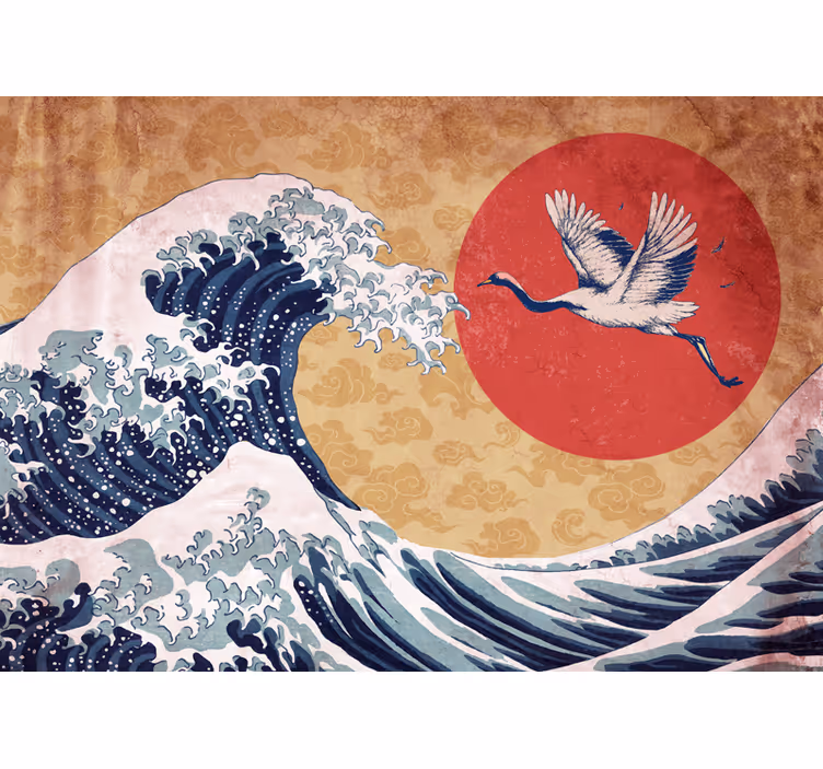Tapisserie nature grue sur vague montante - TenStickers
