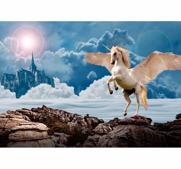 Tapisserie murale fantaisie vol de licorne majestueuse - TenStickers