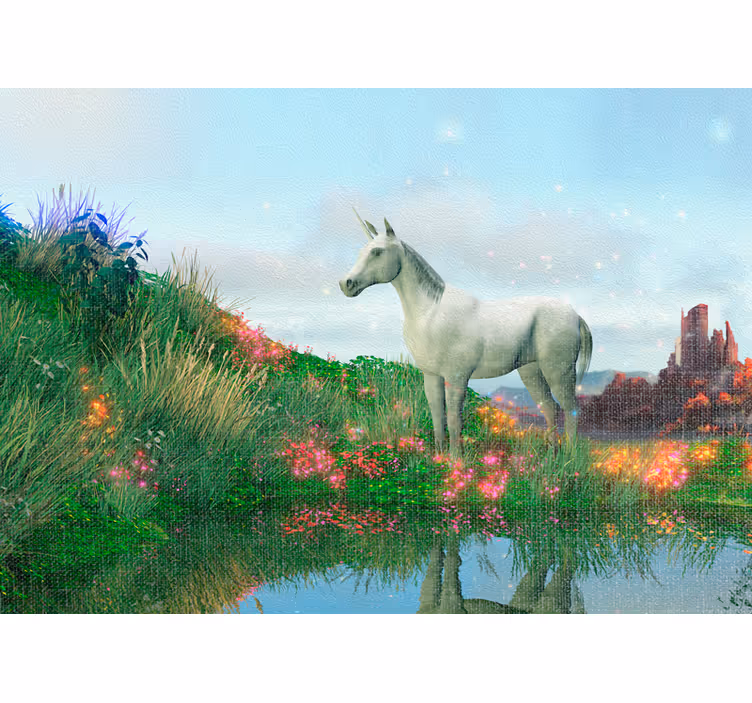 Tapisserie murale fantaisie paysage de licorne majestueuse - TenStickers