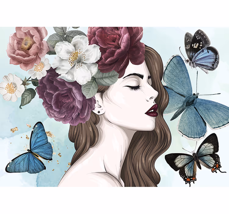 Tapisserie fleur femme avec des papillons - TenStickers