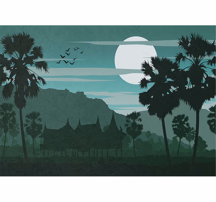 Tapisserie forêt palmiers au clair de lune - TenStickers