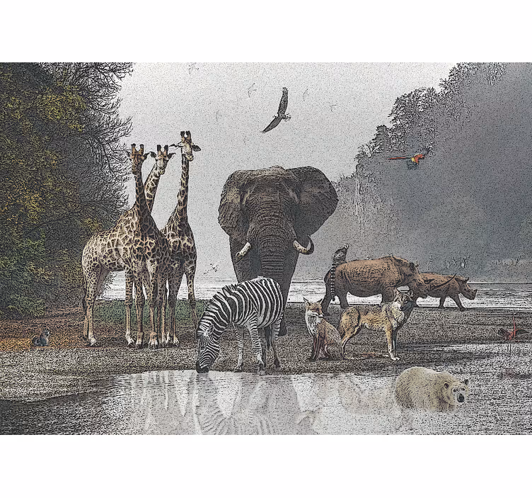 Tapisserie jungle scène de rassemblement animalier - TenStickers