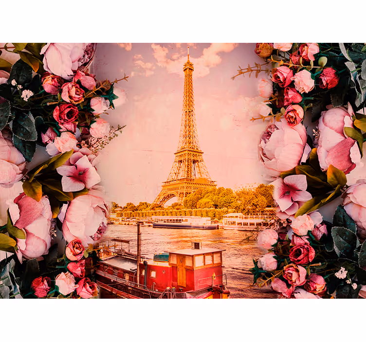 Tapisserie Paris fleuri rose et vert Tour Eiffel - TenStickers