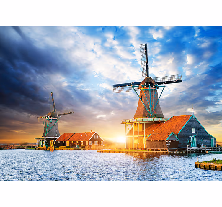 Tapisserie amsterdam coucher de soleil moulin à vent - TenStickers