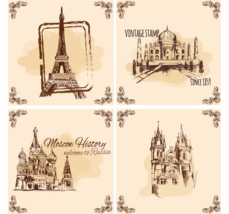 Sous verre vintage illustrations de monuments historiques - TenStickers