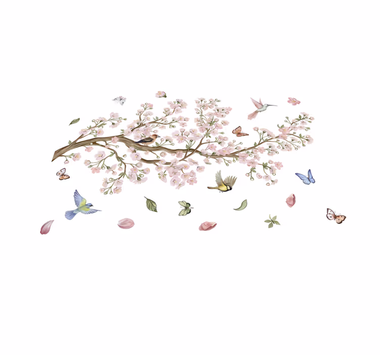 Tapis vinyle fleurs et plantes cerisier avec oiseaux - TenStickers