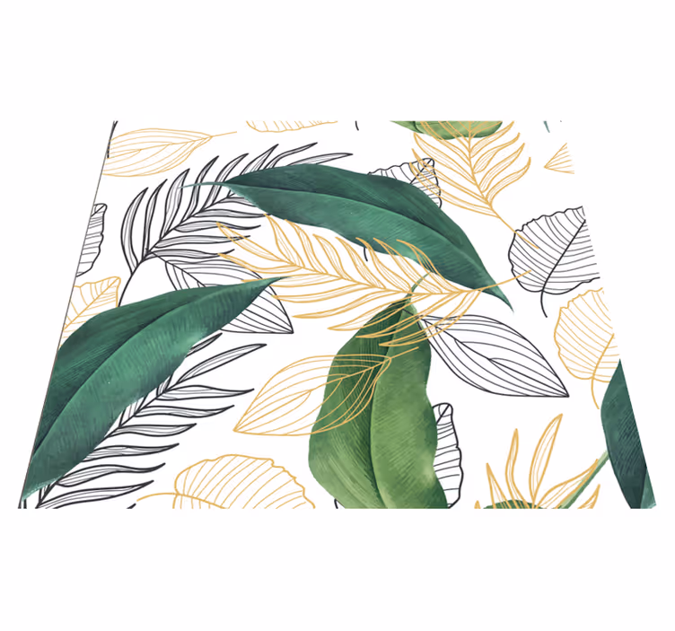 Tapis vinyle cuisine feuilles vertes et dorées avec dessins - TenStickers