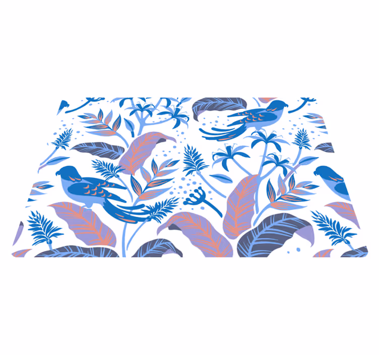 Tapis vinyle nature oiseaux bleus et roses sur feuilles - TenStickers
