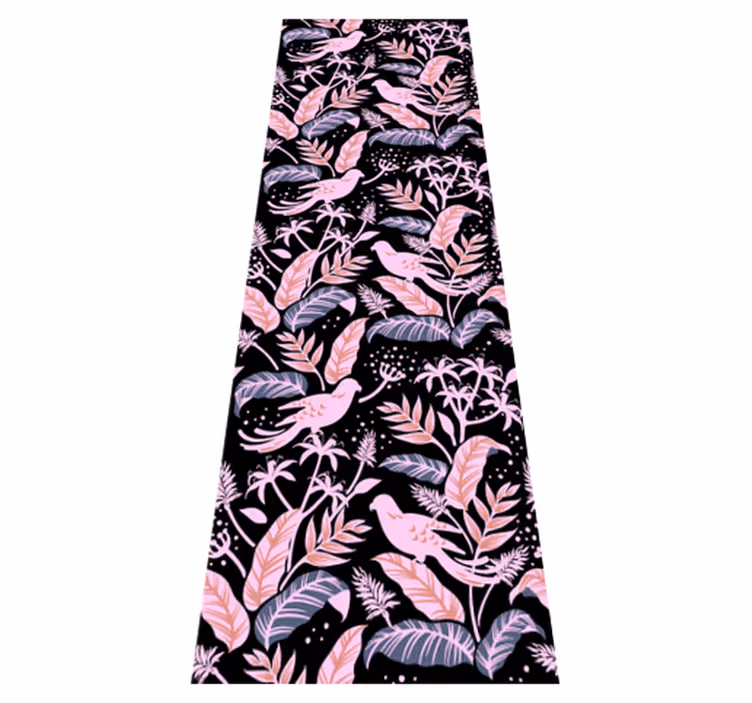 Tapis vinyle chambre oiseaux noirs et roses sur feuilles - TenStickers