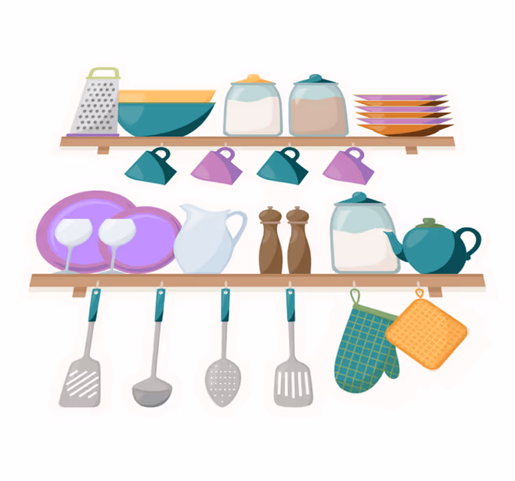Tapis vinyle cuisine avec étagères et ustensiles - TenStickers