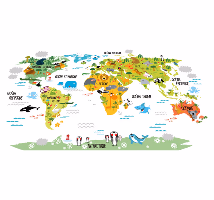 Tapis vinyle carte du monde animaux enfants - TenStickers