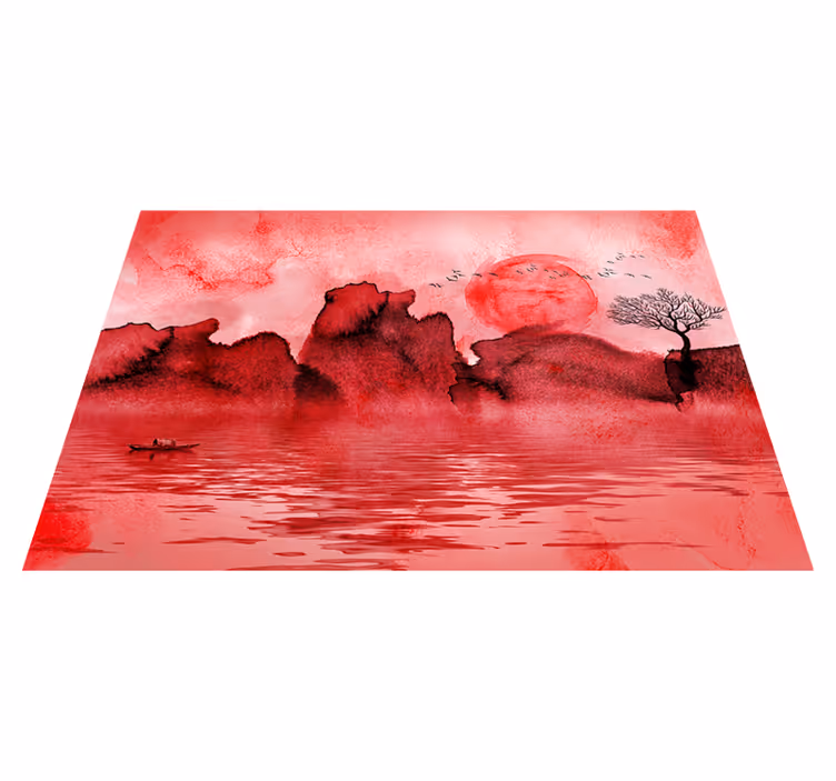 Tapis vinyle rouge paysage encre chinoise - TenStickers