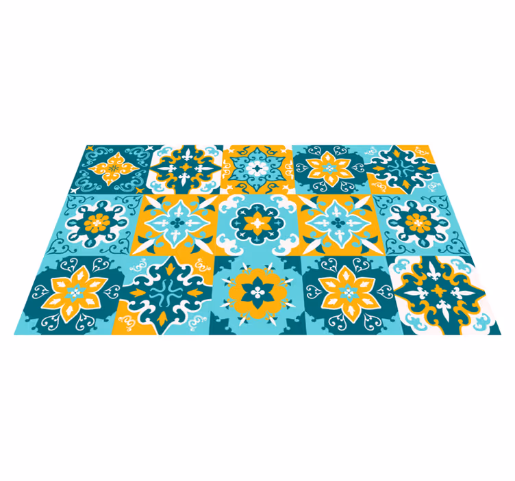 Tapis vinyle carreaux de ciment motif bleu turquoise jaune - TenStickers