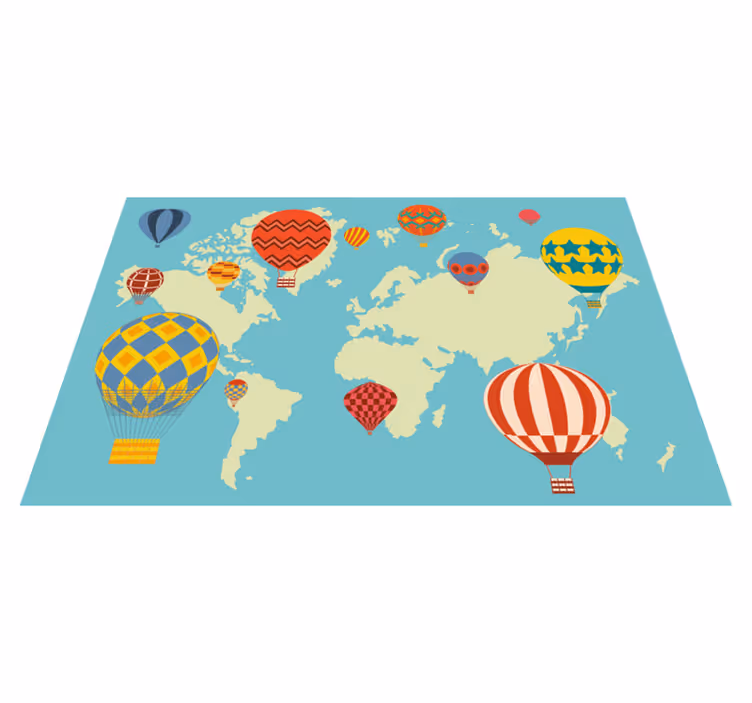 Tapis vinyle carte du monde montgolfières colorées - TenStickers