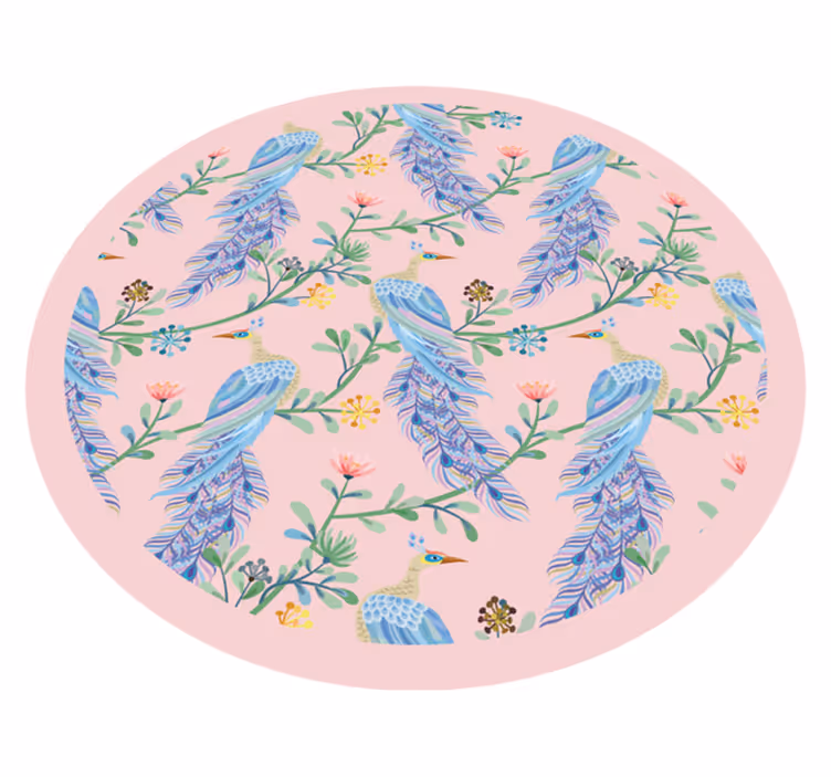 Tapis vinyle fleurs et plantes motif de paons sur fond rose - TenStickers