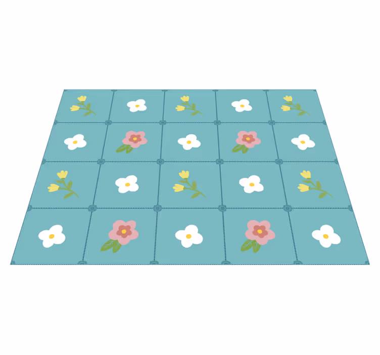 Tapis vinyle fleurs et plantes motif de carrelage bleu - TenStickers