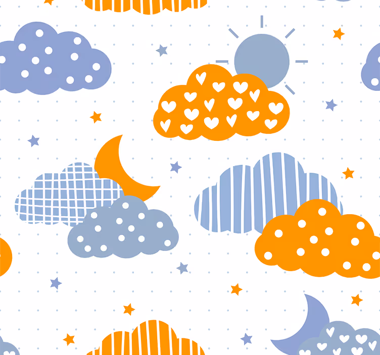 Papier peint chambre enfant nuages orange et bleu soleil - TenStickers
