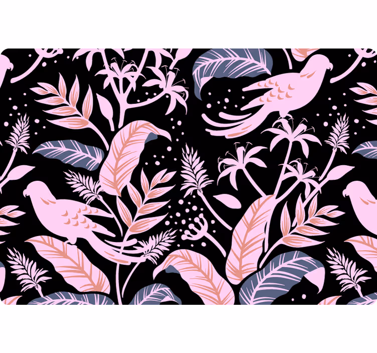 Papier peint nature oiseaux noirs et roses sur feuilles - TenStickers