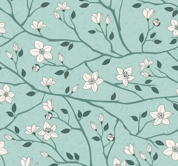 Papier peint vert menthe branches fleuries - TenStickers