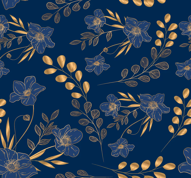 Papier peint bleu foncé motif de fleurs effet doré - TenStickers
