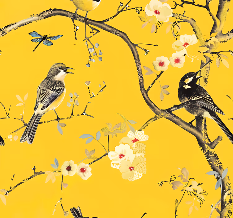 Papier peint jaune motif de branches fleuries et oiseaux - TenStickers